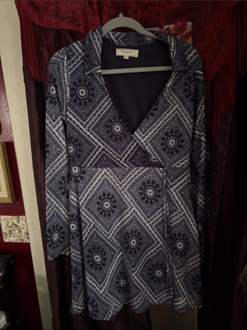 Women's Navy Blue Patterned V-Neck Dress